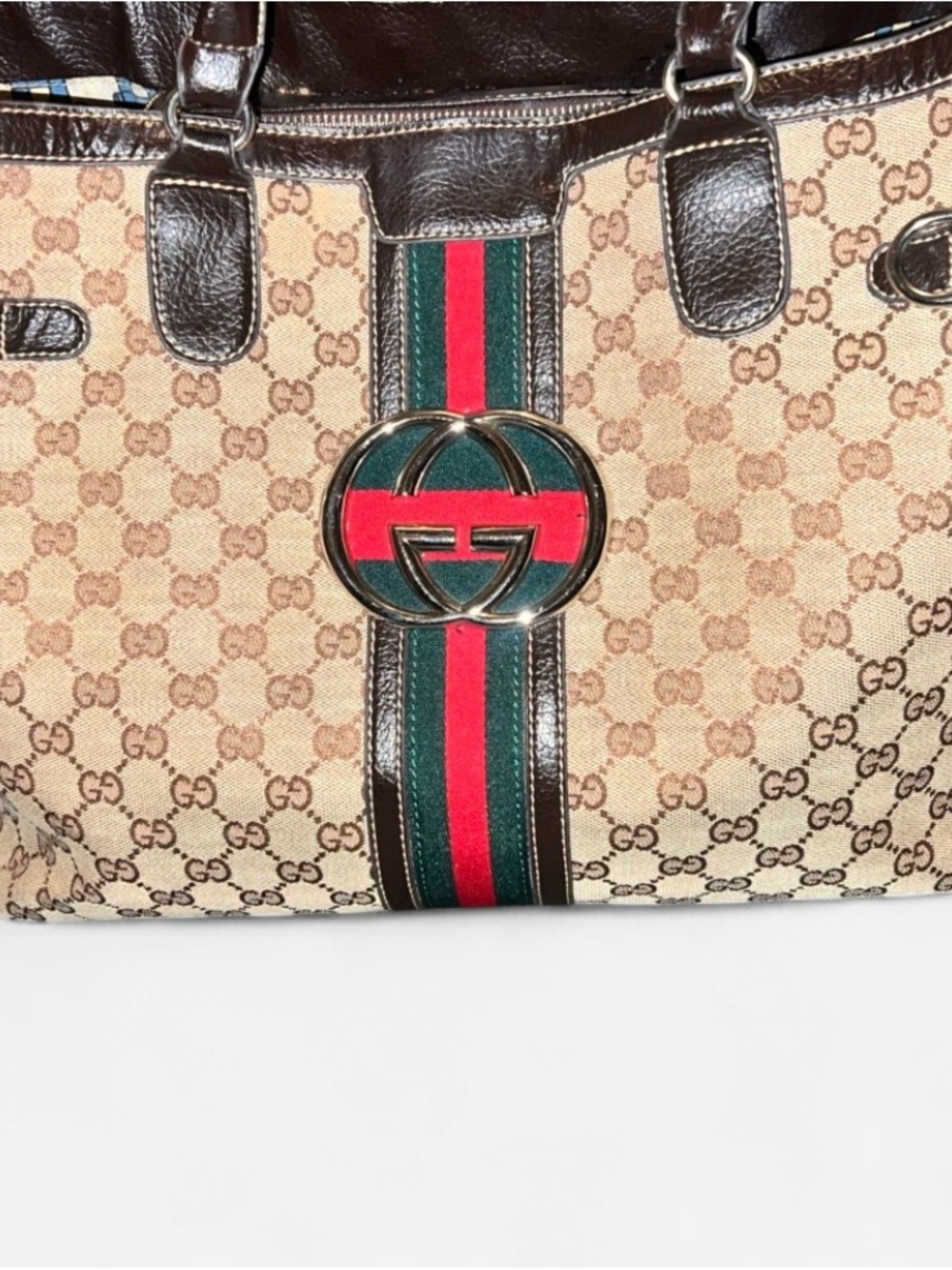 Gucci Beige GG Canvas Tote with Brown Trim and Red/Green Web